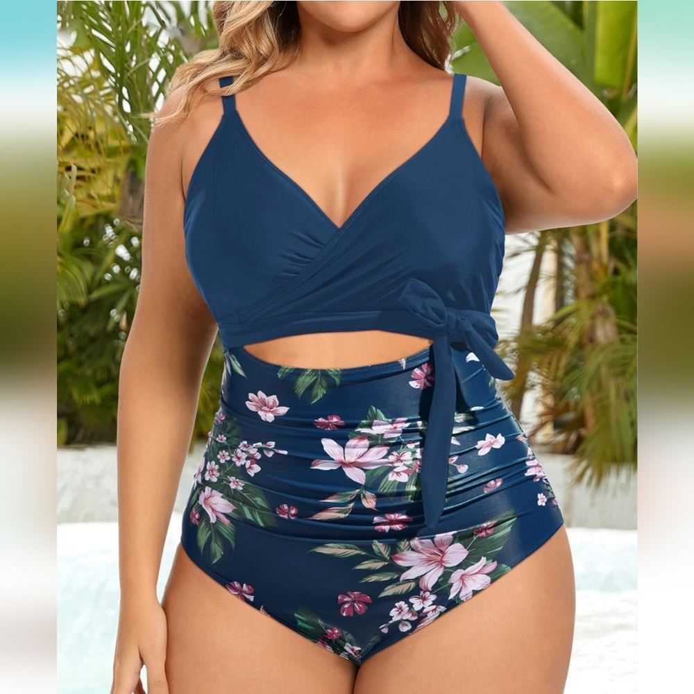 DACI Floral Navy Blue One-Piece Swimsuit, Size 18W
